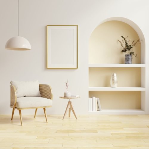 Mockup frames in living room interior with chair and decor,Scandinavian style.3d rendering